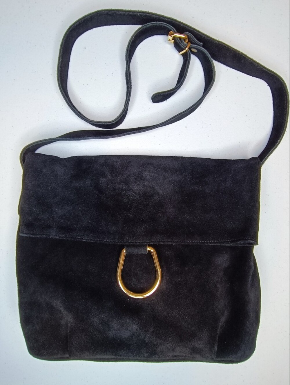 Vintage Mitsukoshi Black Suede Flap Crossbody Bag Japaneese Minimalist
